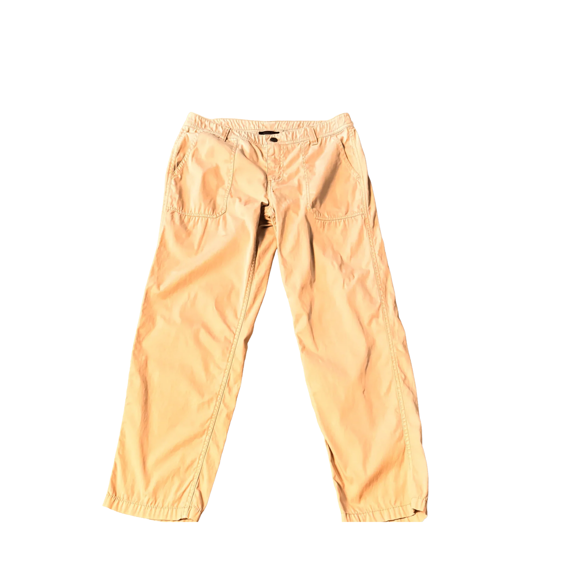 Khaki Pendleton pants with elastic waistband and front pockets on white background