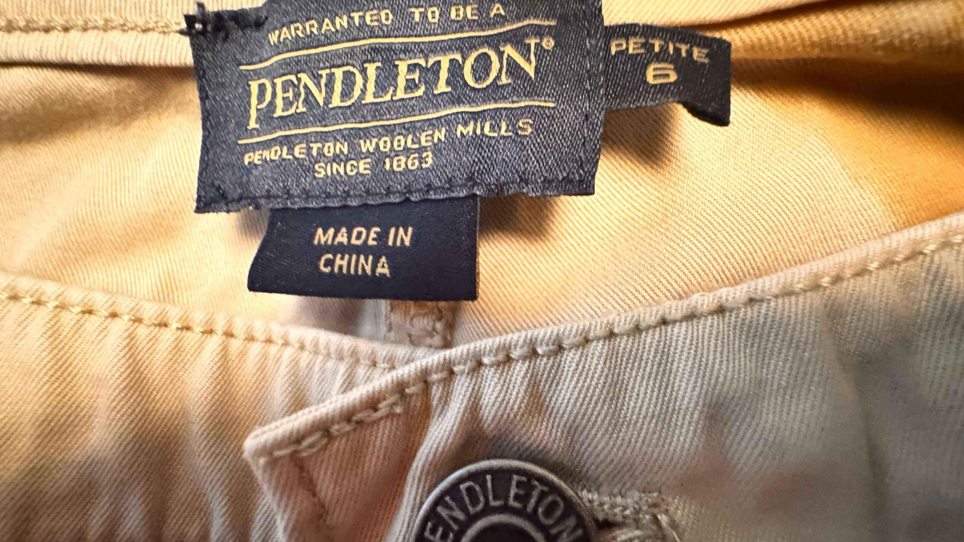 Pendleton pants beige fabric with black Pendleton label, size 6 petite, made in China
