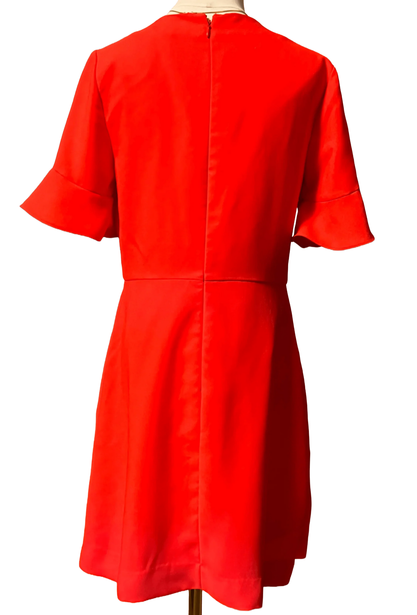 Back view of a bright red Banana Republic dress with short ruffle sleeves on a mannequin