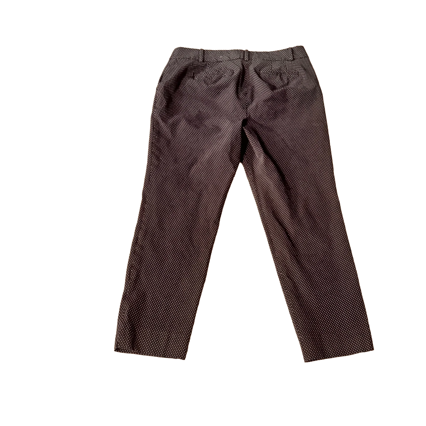 Women's brown polka dot chino pants with back pockets, flat lay on white background