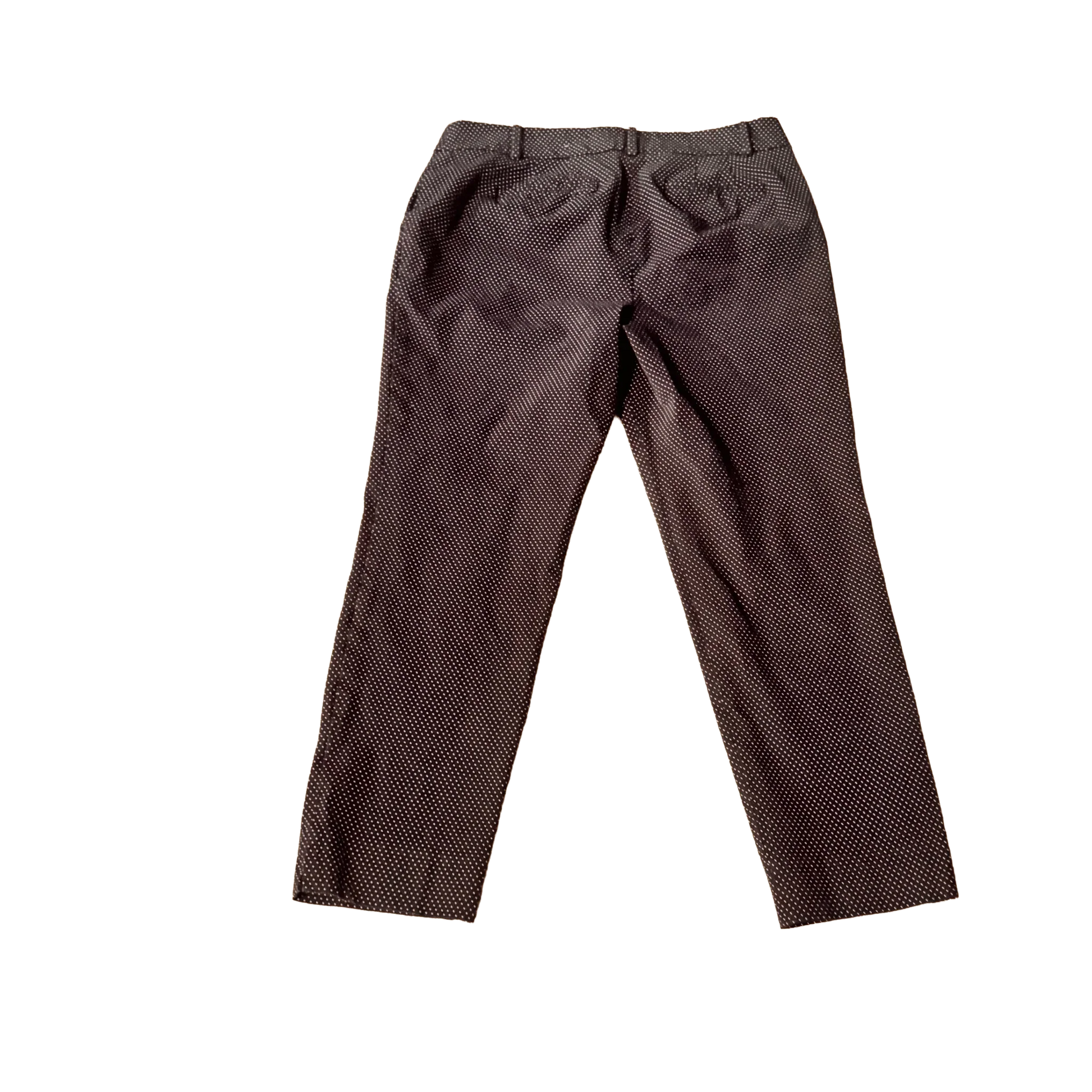 Women's brown polka dot chino pants with back pockets, flat lay on white background