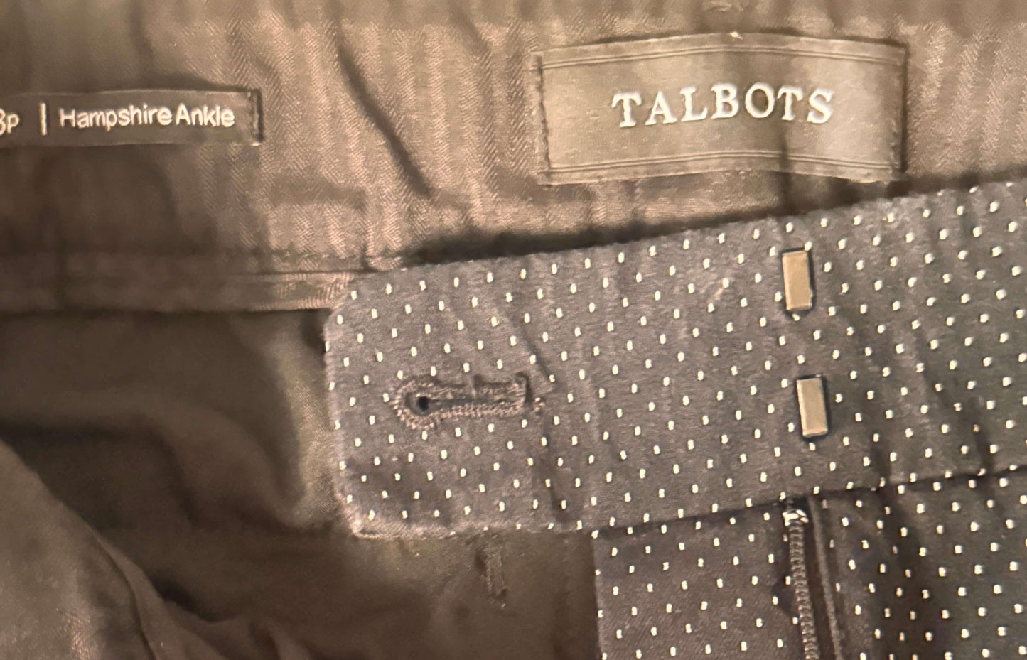Talbots Hampshire Ankle women’s pants waistband with black polka dot fabric detail