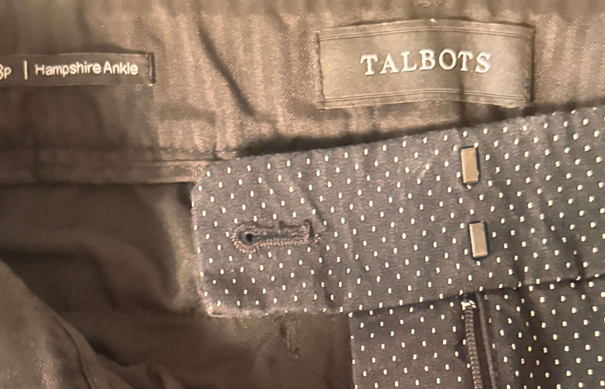 Talbots Hampshire Ankle women’s pants waistband with black polka dot fabric detail