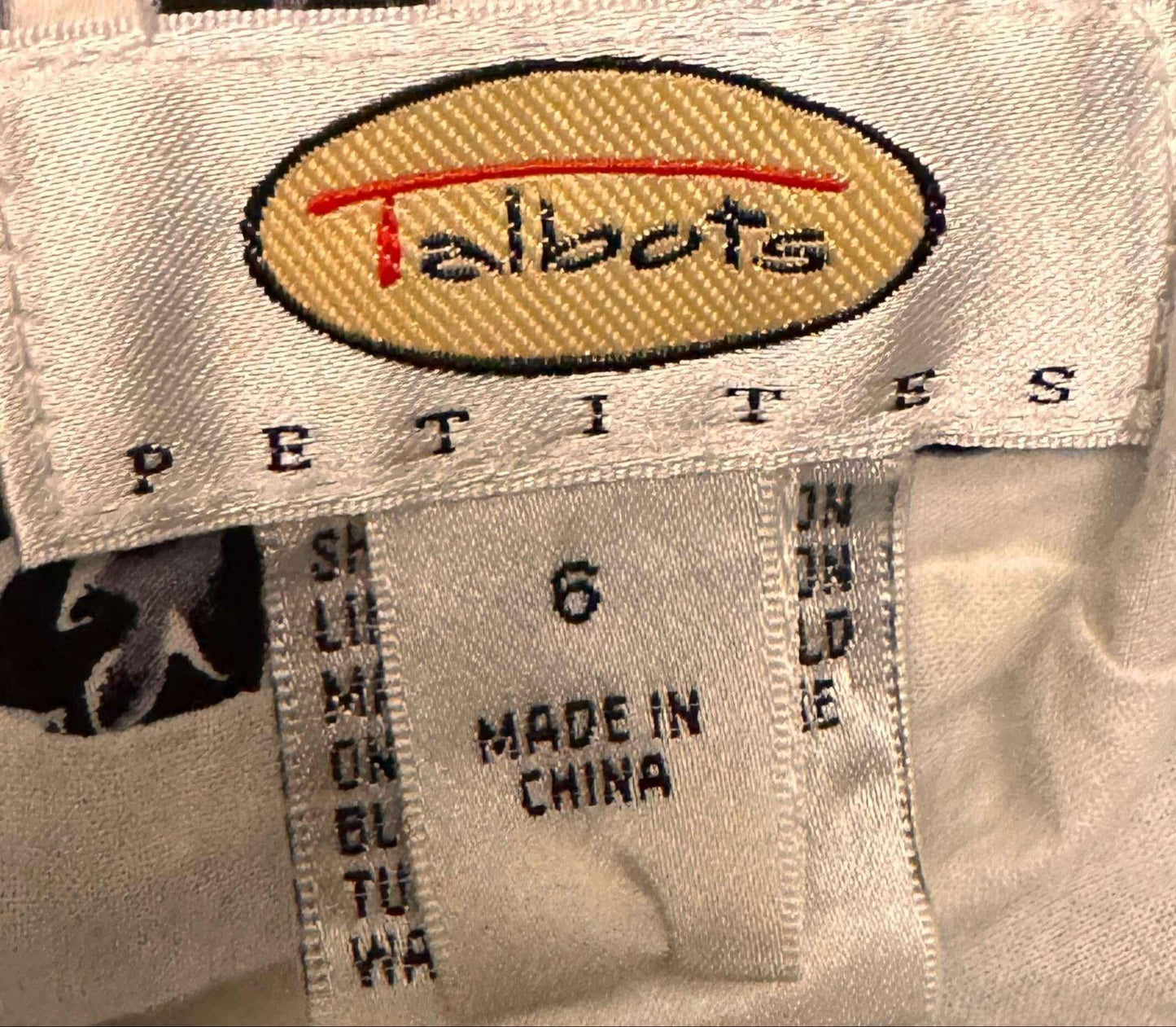 Talbots Petites skirt size 6 label, black and white, made in China