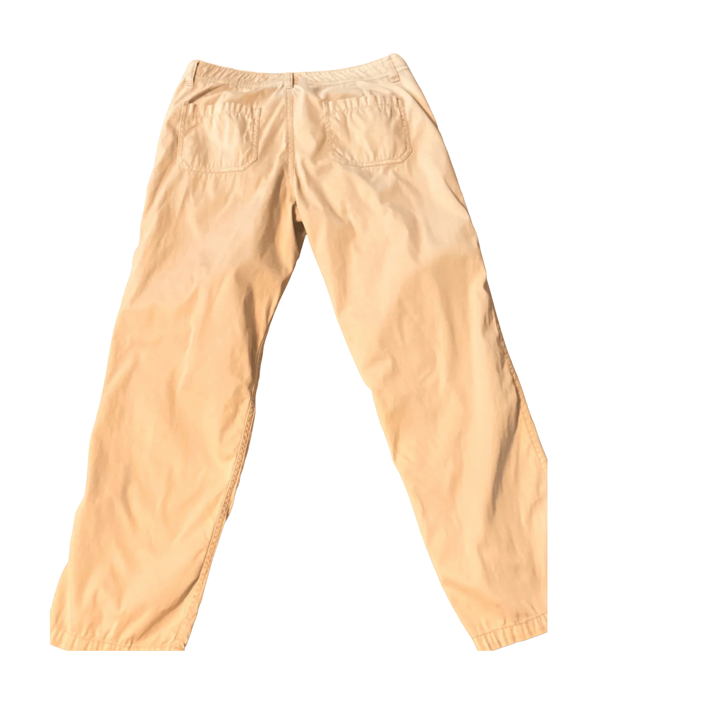 Tan cotton pants with back pockets on a plain background