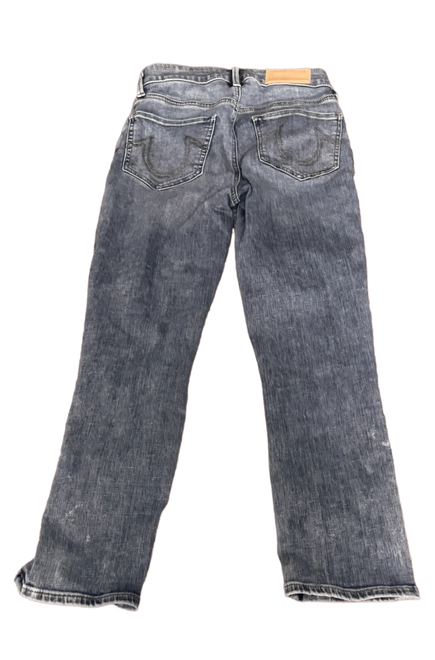 Back view of True Religion blue denim jeans with signature stitched pockets