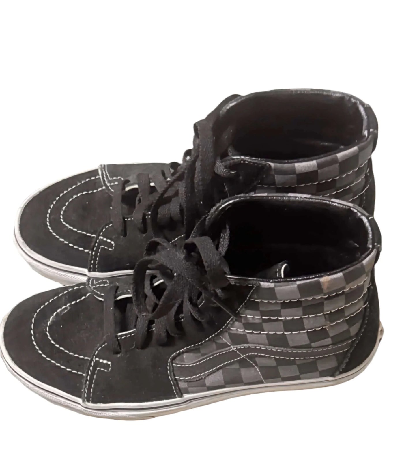 Black Vans checkered high-top sneakers side view on white background
