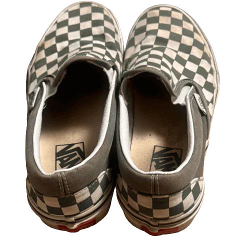 Used Vans slip-on shoes with black and white checkered pattern, thrifted sneakers